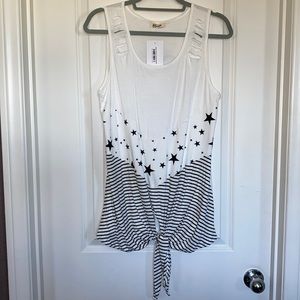 Large White Star Striped Tied Tank Top. Blumin. With Cat Scratch Details on Arms
